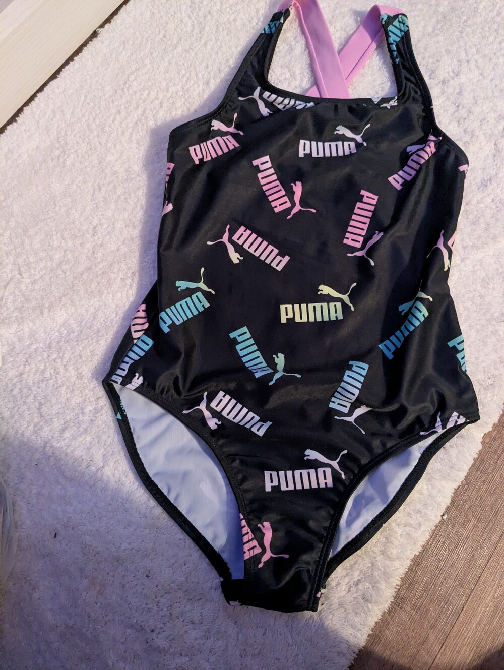 PUMA Girls' Black One-Piece Swim Suit with Pastel Logos